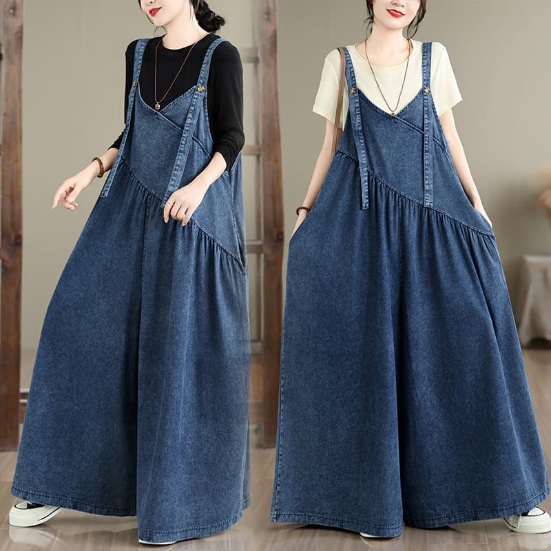 Spring, summer and autumn lengthened jumpsuits, trousers, retro loose and slim denim overalls, large size overalls