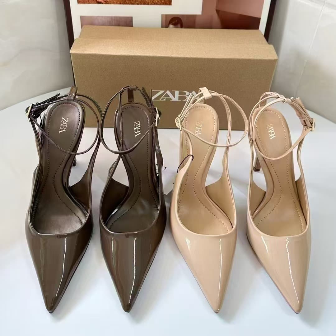 Za2025 Women's Shoes, Fashionable and Versatile Patent Leather Pointed-Toe Pumps, Women's High-Heeled Slingback Sandals, Stiletto Leopard Print Single Shoes