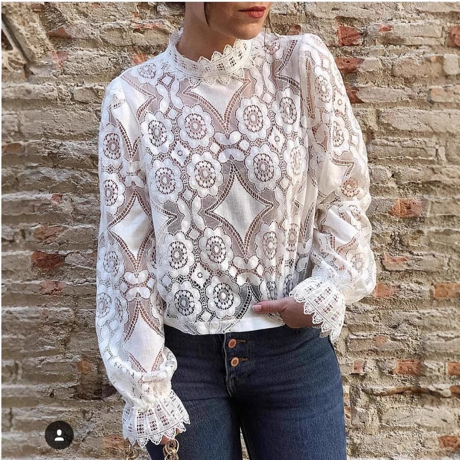 AliExpress Amazon Wish 2025 Hot Selling Cross-border Women's Sexy Sheer Long Sleeve Stand Collar Lace Bishop Sleeve Blouse