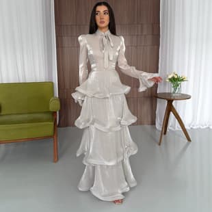 2026 Spring/Summer New European and American Women's Fashion Cross-Border Tie-Neck Stand Collar Chiffon Cake Tiered Long Sleeve Dress