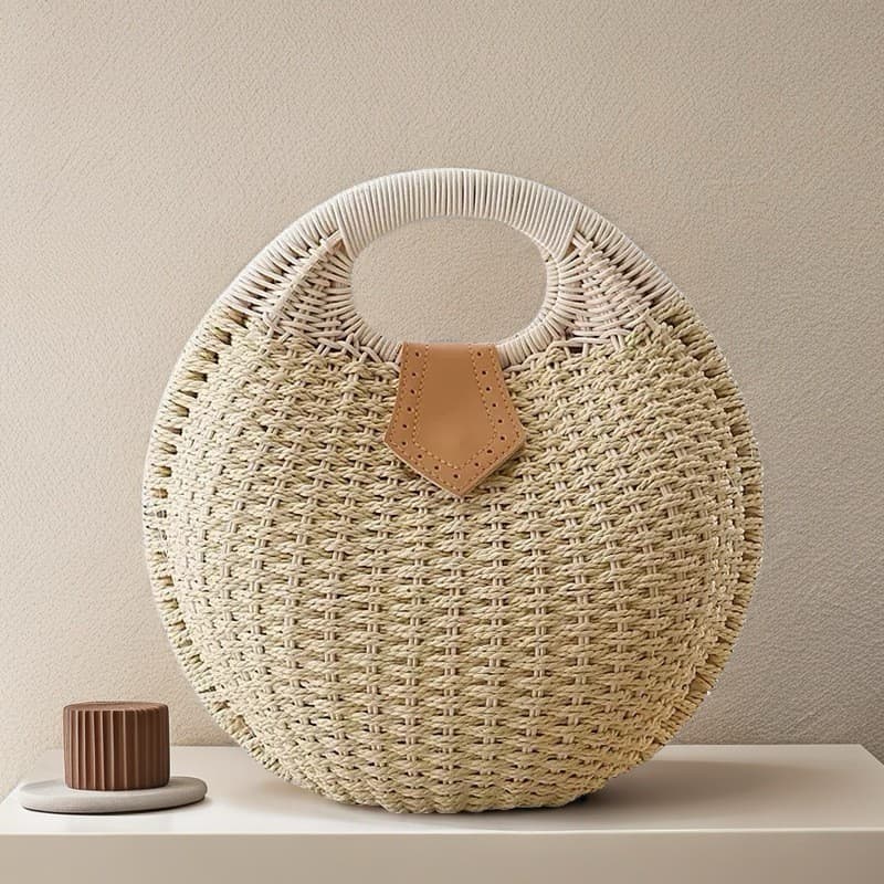 Simple Fashion Straw Woven Handbag New Style Half Circle Beach Bag Women's Paper Rope Woven Bag Portable round Shell Shaped Bag