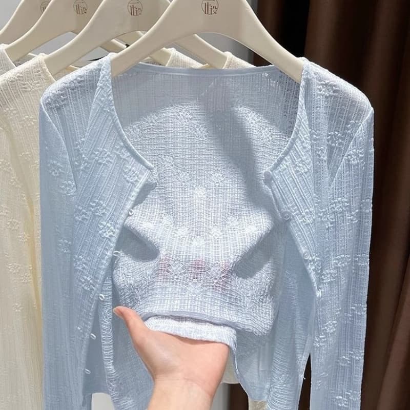Lace sun protection jacquard slip dress cardigan, summer long-sleeved top, women's thin beach shawl, paired with cheongsam