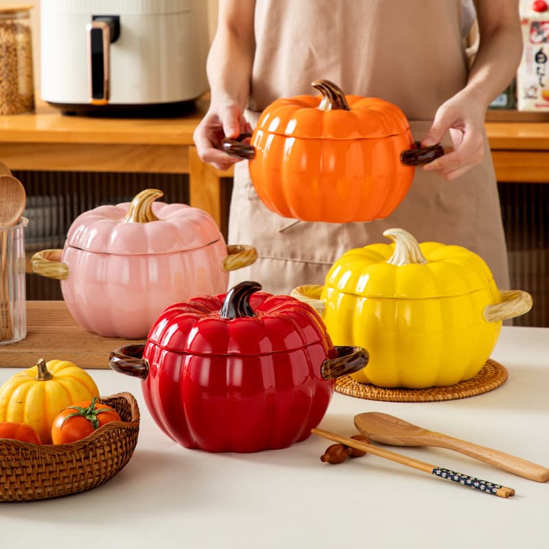 Pumpkin Soup Pot Household High-Aesthetic Soup Bowl Ceramic Double Ear Handles with Lid Large Capacity Creative Kitchen Casserole Cute Design