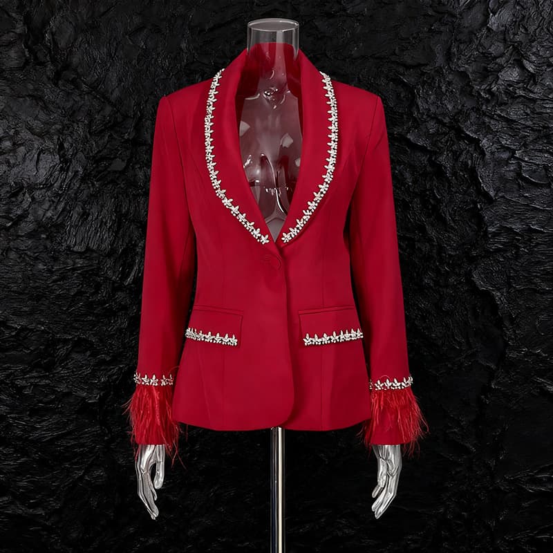 French Style Blazer for Women 2026 New Premium Rhinestone Cuff Feather Design Slim Fit Suit Jacket
