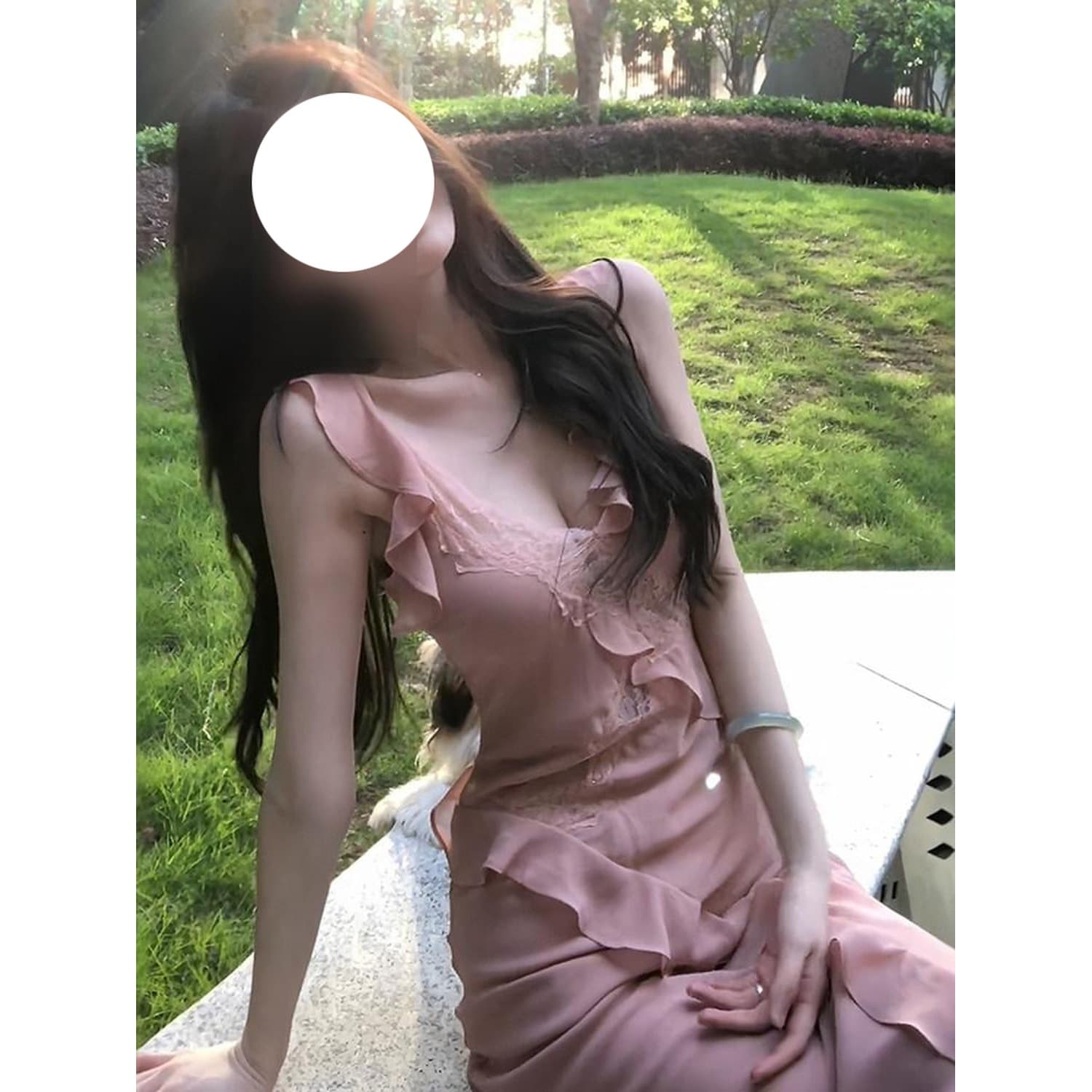 Pure Desire Style Pink V-Neck Strapless Dress for Women, Summer Lace Ruffle Dress, Waist Bodycon Fishtail Long Dress