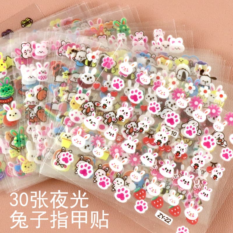 New Children's Cute Cartoon Glow-in-the-Dark Little Rabbit Nail Stickers, Princess Baby Waterproof Nail Art Decals, Kids Toy