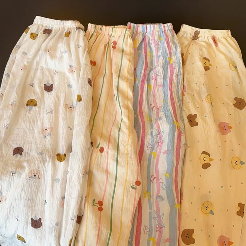 Women's summer white puppy-print long pants, thin, cute, casual, loose, high-waisted, straight leg, comfortable style.