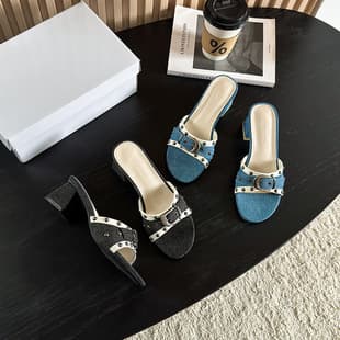 Rivet Buckle Strap Chunky Heel High Heel One-Strap Sandals for Women 2026 Spring New French Style Stunning High Heels