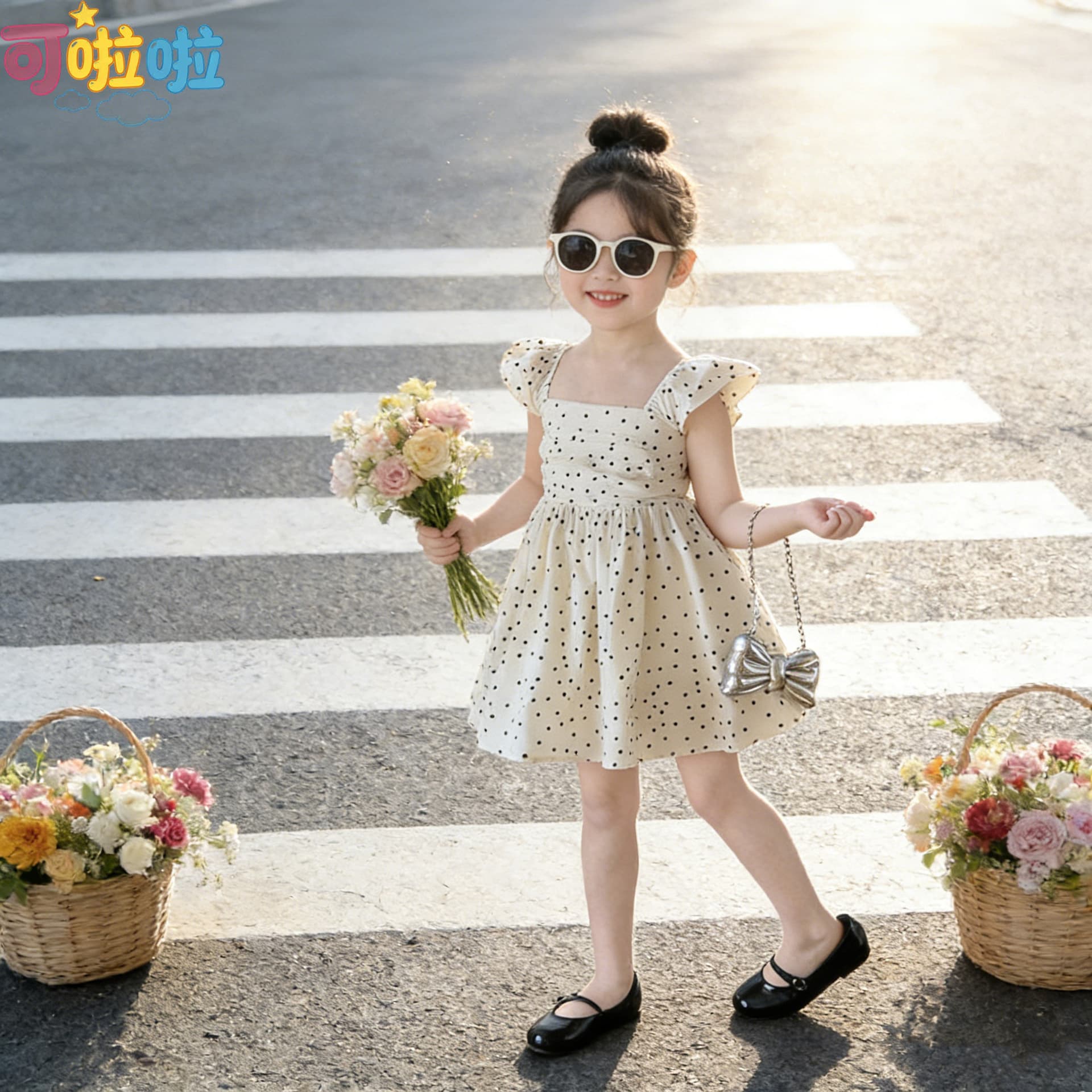 Summer Fashionable Girls' Princess Korean Style Girls' Summer New Style Apricot Polka Dot Sleeveless Fashionable Cute Little Girl