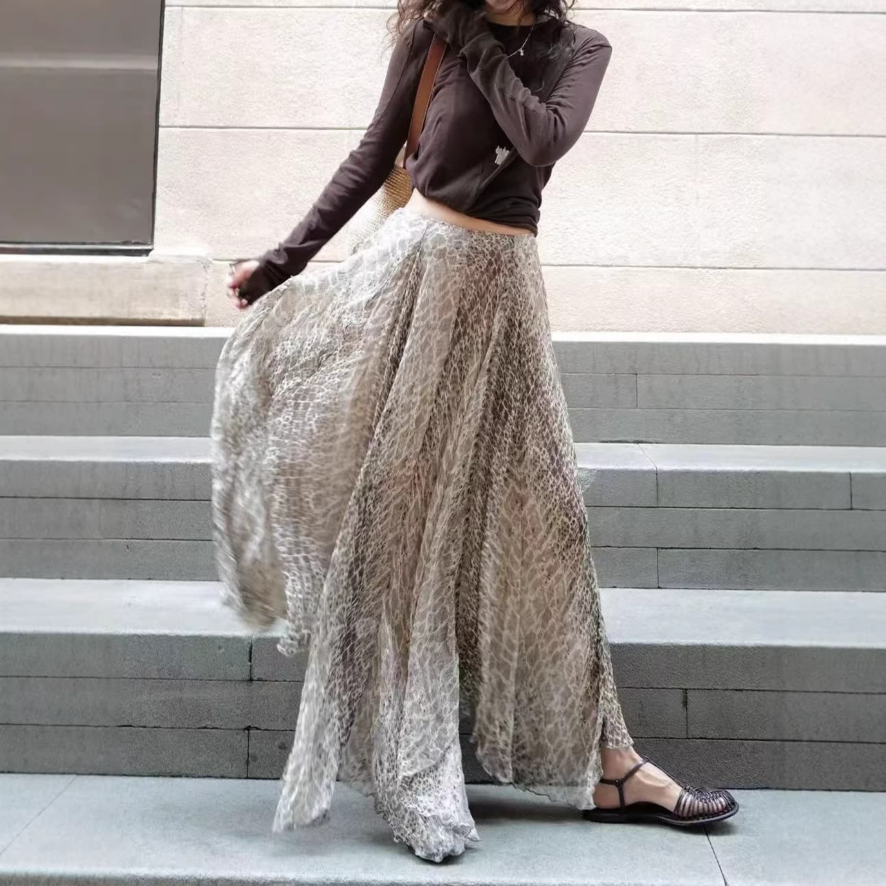 In Stock Cross-Border 26 Spring/Summer European and American Leopard Print Dress Fashionable and Youthful Brown T-Shirt Printed Skirt Set