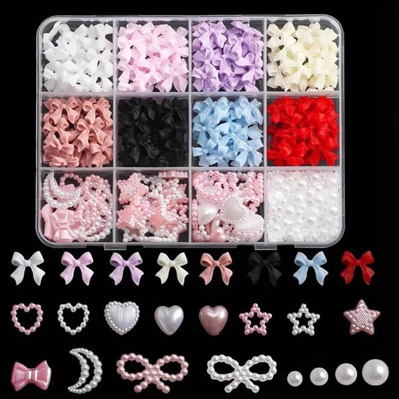 12-Grid Colorful Half-Round Beads Nail Art Decorations, Bowknot Five-Petal Flower Pearl Mixed Pack Nail Decoration Hollow Accessories