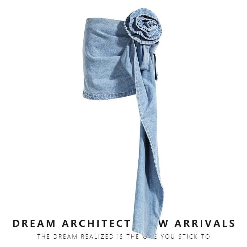 2025 Spring/Summer New Denim Skirt with 3D Rose Draped Long Panel, High-Waist Bodycon Mini Denim Skirt