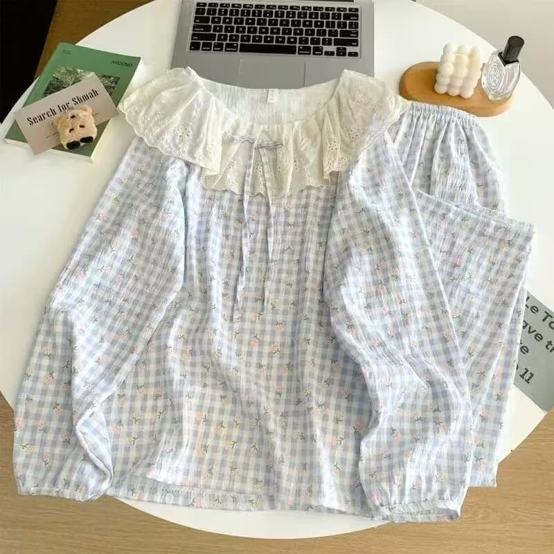 Factory Source Cloud Cotton Pajamas Women Spring Autumn Sweet Large Lapel Lace Trim Pajamas Women Homewear Set