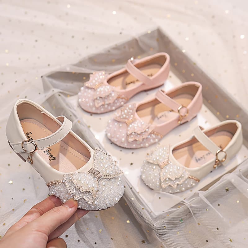 2025 Spring/Summer New Korean-style Girls' Princess Square-Toe Rhinestone Bow Pumps, Leather Performance Dance Shoes