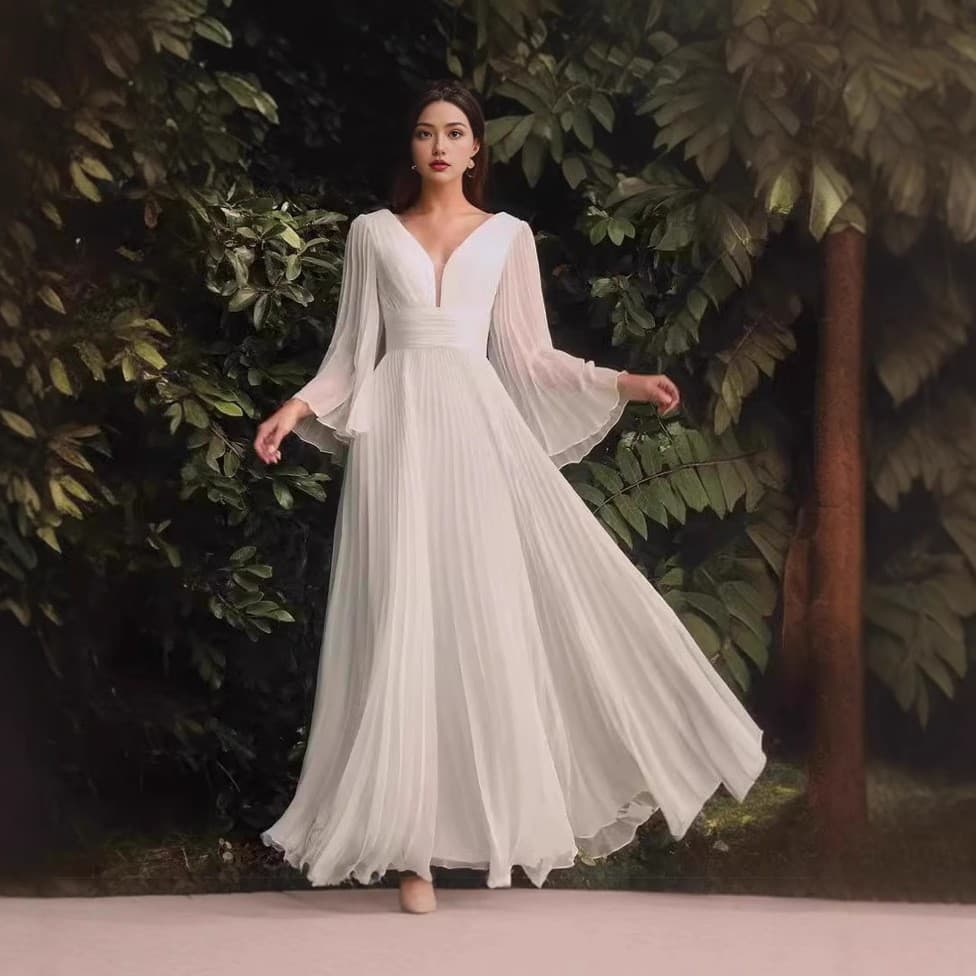 Elegant Classic White Dress Deep V Neck Long Sleeve Women's Dress Vintage European Court Style A Line Skirt Midi Dress