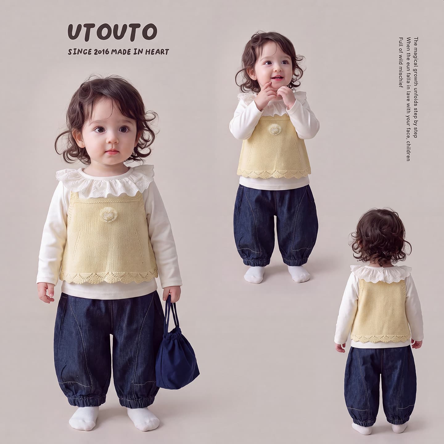 Girls' Fall 3-Piece Vest Set Toddler Knit Vest Lace Collar Base Layer Top Denim Jogger Girls' Outfit