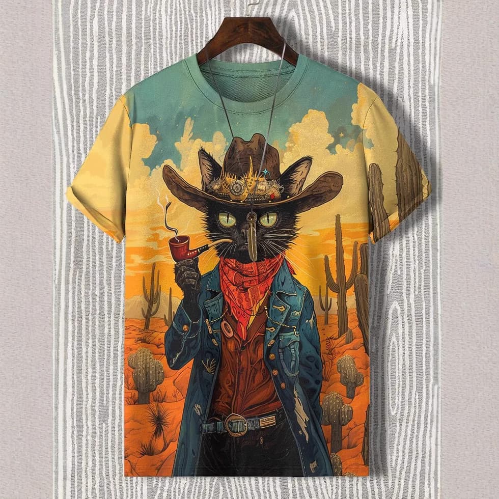 2025 Men's Funny Animal Cat Print T-Shirt Short Sleeve T-Shirt Tops 3D Printed O Neck Party Summer Casual