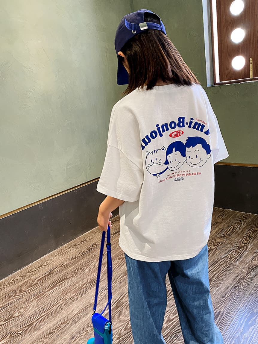 Girls Summer T-Shirt Loose Short Sleeve Mid Sleeve Teenage Children's Clothing Korean Style Cotton Soft Round Neck Sweatshirt