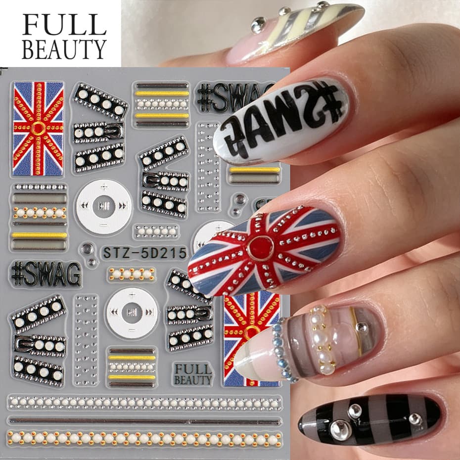 Cross-border New Nail Stickers Ins Relief 3D Punk British Flag SWAG Letter Self-adhesive Nail Decals