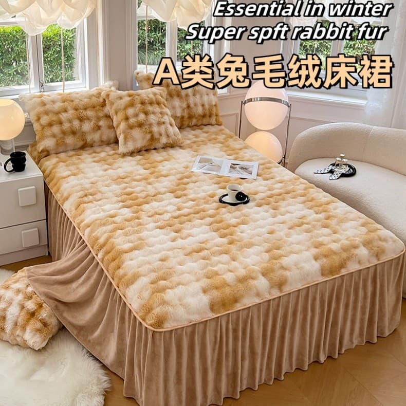 Thickened winter rabbit plush bed skirt single piece plus velvet anti-slip coral velvet bedside cover with skirted bed sheet three-piece set