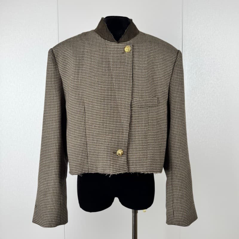 2026 Spring and Summer New Style Silk-Lined Slim-Fit Retro Style Contrasting Color Stand-Up Collar Houndstooth Pattern Short Jacket