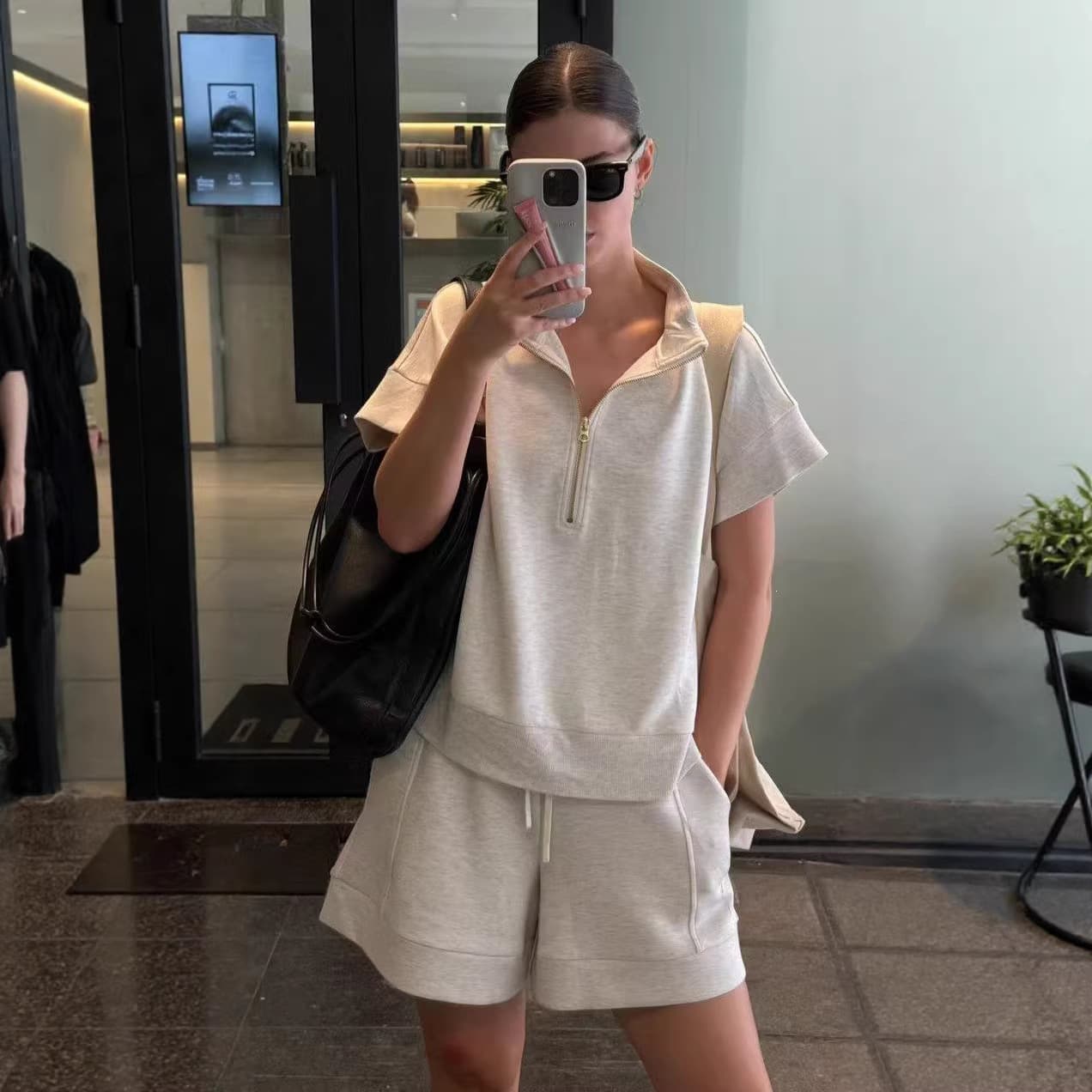 European and American New Style Women's Short-Sleeved Zippered Lapel Top Casual Tie-Up Shorts Women's African Fashion Plus Size Two-Piece Set