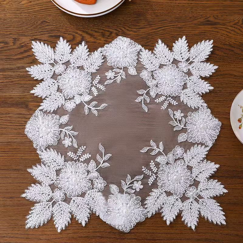 Cross-border Hot Selling Handmade Beaded Placemat Mesh Embroidery 3D Floral Square Cover Scarf Home Lace Dustproof Table Mat