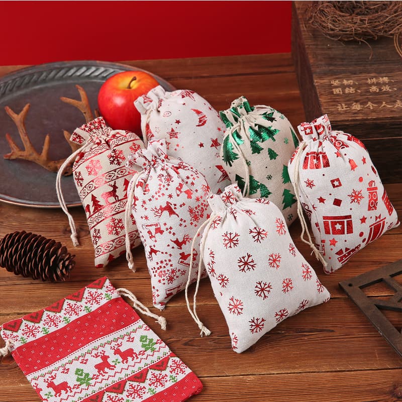 Wholesale Christmas hot stamping cotton bags, candy packaging gift bags, apple bags, jewelry storage dustproof drawstring bags