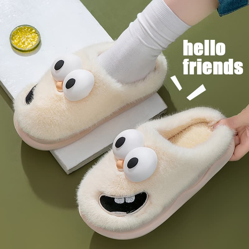 Women's New Big Eye Dog Thick Sole Indoor Home Anti-Slip Cartoon Warm Couple Men's Plush Slippers