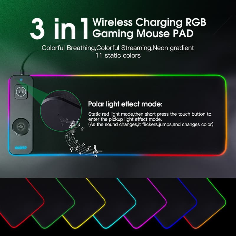 15W Magnetic Wireless Charging 3-in-1 Mouse Pad Office Dustproof Charging Desk Mat Gaming Glowing Mouse Pad