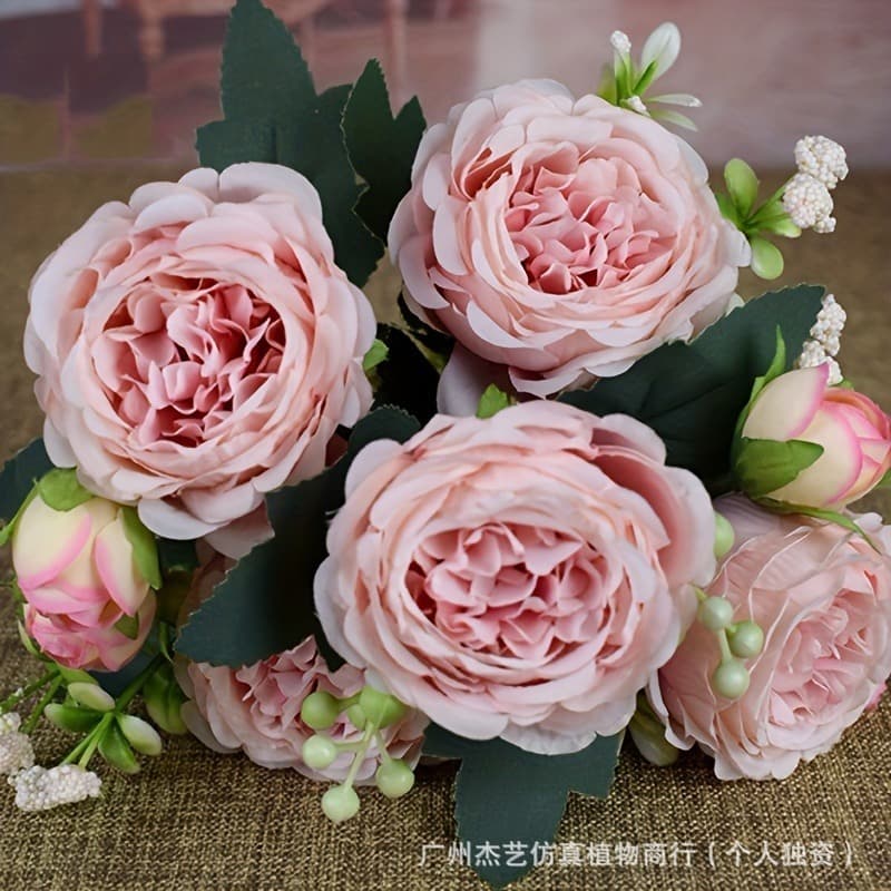 Artificial Green Plant Bouquet with 5-Head Persian Roses and Peonies, Premium Ambiance Decoration