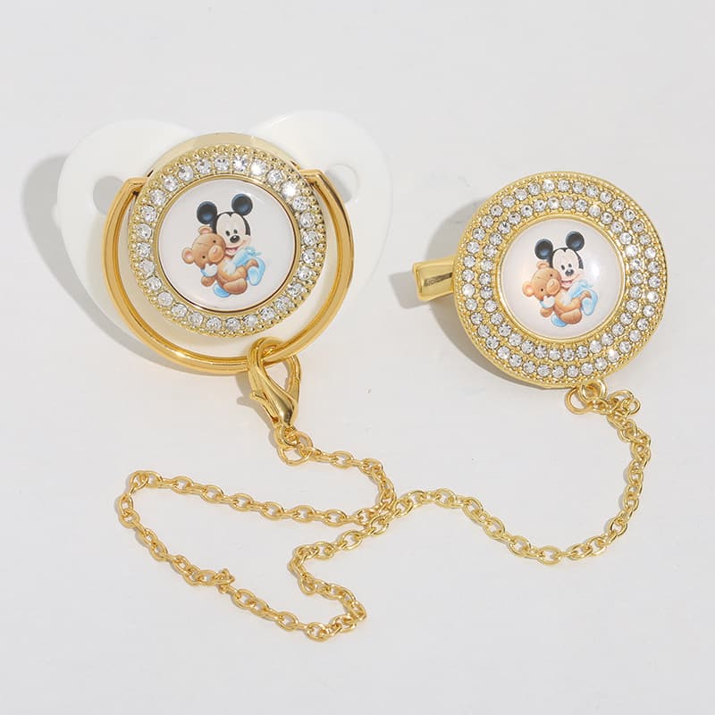 Cross-Border Best-Selling Cartoon Bear Mickey Pacifier Baby Pacifier with Rhinestone and Anti-Drop Chain