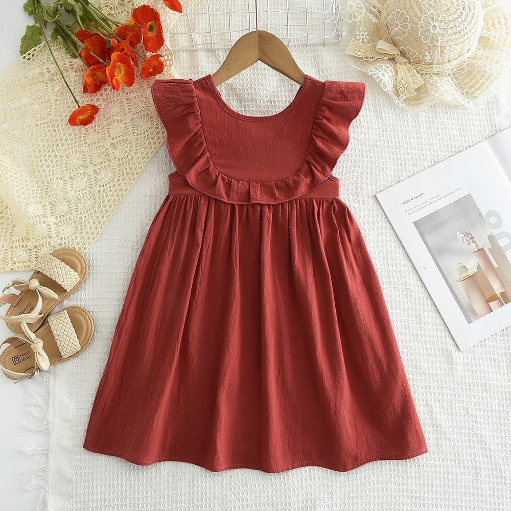 New Summer Korean Style Girls Dress Pleated Backless Dress Kids Solid Color Princess Dress Cross-border