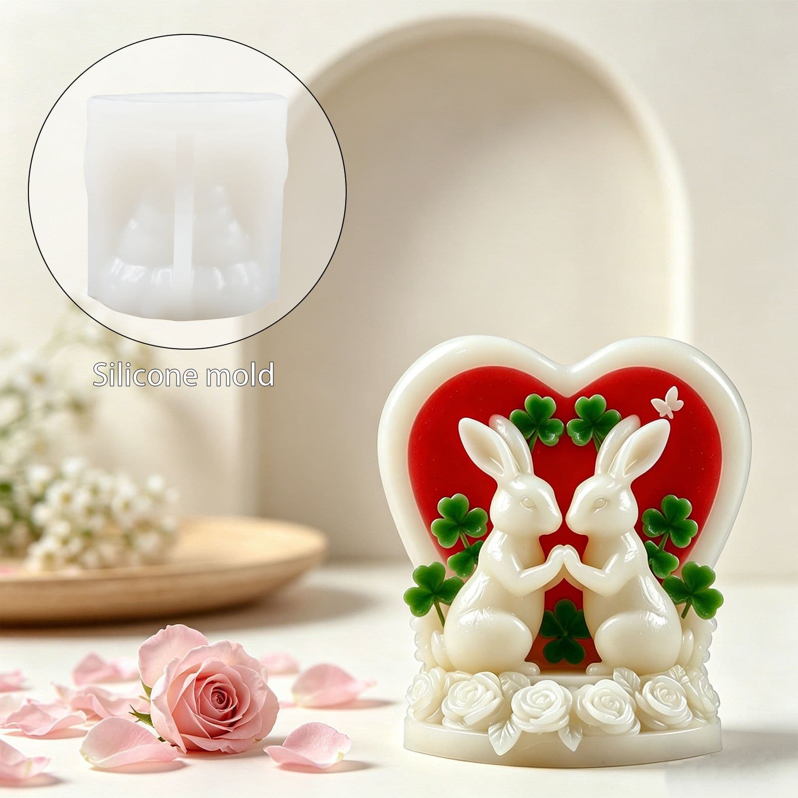 DIY Aromatherapy Plaster Cement Candle Ornament Resin Mold 3D Heart Rabbit Silicone Mold