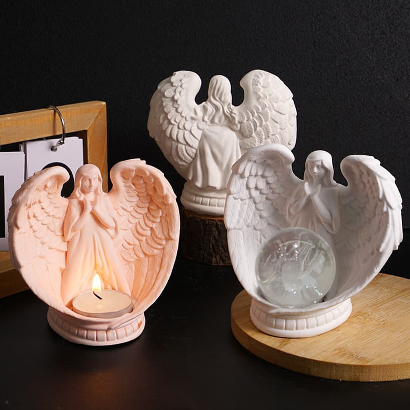 Angel Wings Candle Holder Mold - Praying Angel Feather Heart Crystal Ball Base Storage Box Plaster Silicone Mold