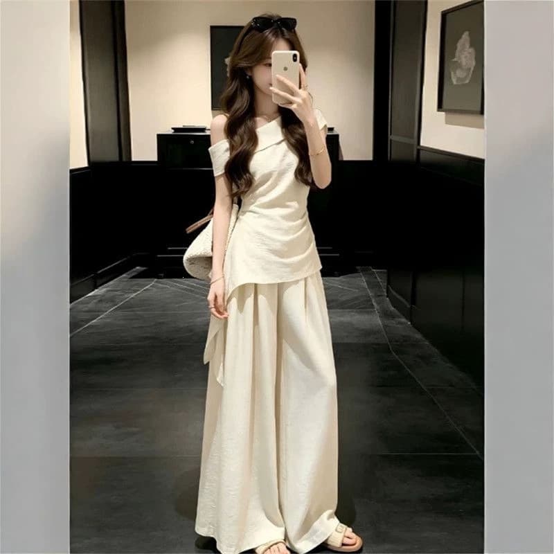 Fashion Set 2026 Summer New Women's Off-Shoulder Ruffled Ribbon Fitted Top High-Waist Wide-Leg Pants Two-Piece Set