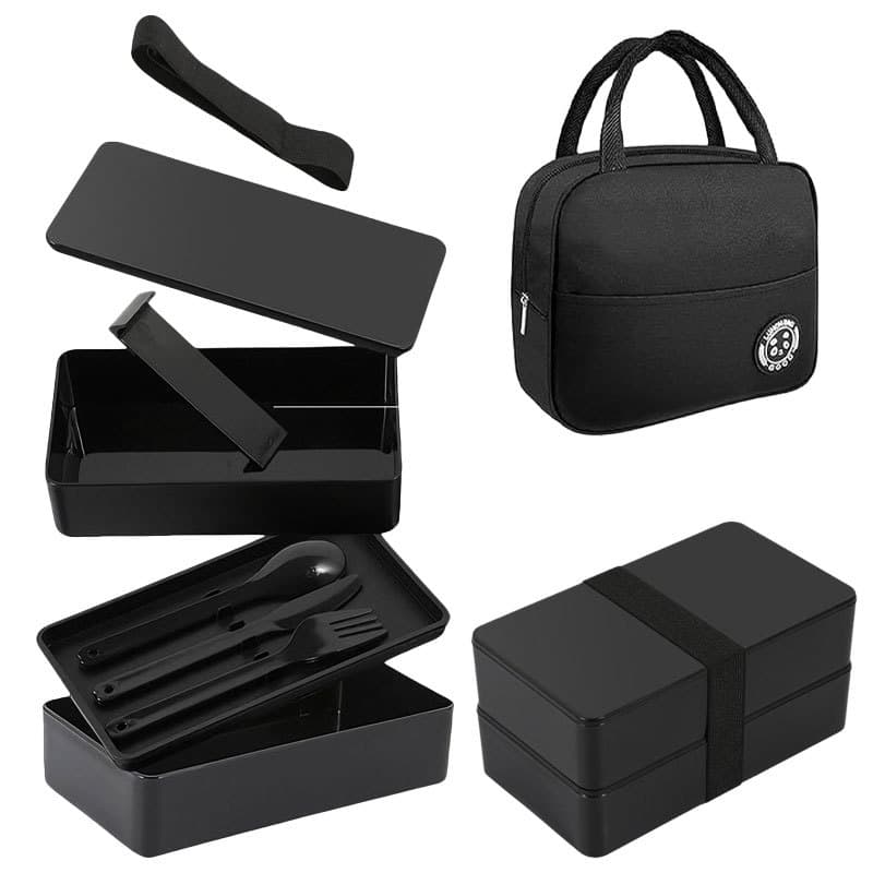 Double Layer Portable Outdoor Plastic Lunch Box Set Home Use Food Preservation Black Square Bento Box from Mainland China
