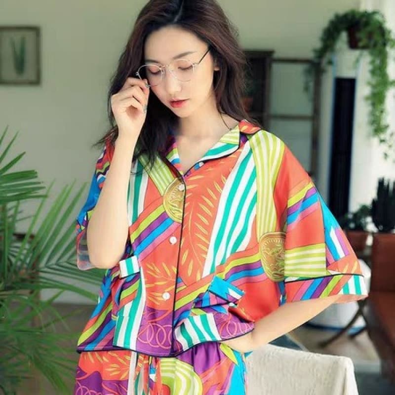 Women's Summer Pajamas Long Sleeve Spring Autumn Thin Silk Korean Style Ice Silk Set Homewear Ladies Wearable Out Two-Piece Set