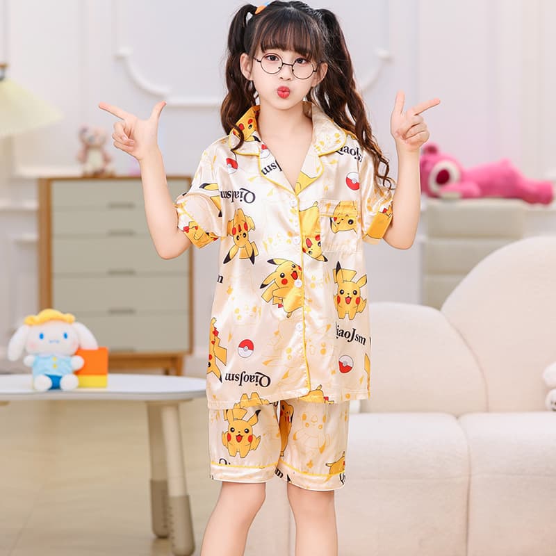 Summer Girls Ice Silk Short Sleeve Air Conditioning Suit Set, Cartoon Pattern for Toddlers and Older Kids, Cool and Breathable Baby Homewear