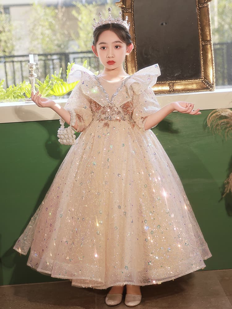 Children's Formal Dress Child Wedding Little Girl High-End Blue Puff Sleeve Heavy Craft Tulle Princess Gown New Style Spring Autumn