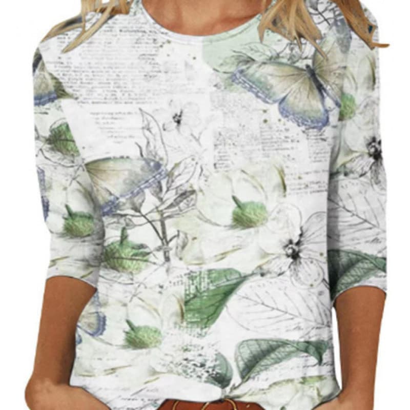 Amazon AliExpress New Style European and American Clothing Popular Style Three Quarter Sleeve Shirt Flower Stripe Print Round Neck Top