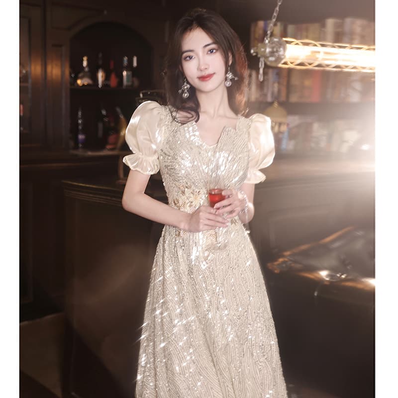 Sequin Evening Dress for Women, French-Style Long Gown, High-End Luxury, Unique Design for Hosting Banquets, Parties, and Spring Events