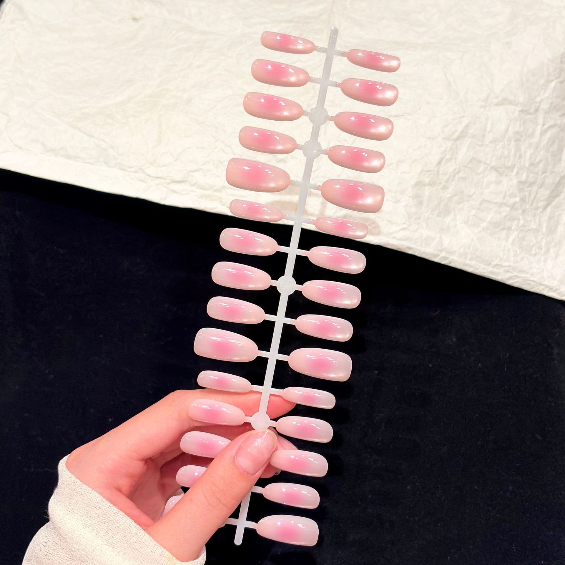Apricot Pink Blush 30-Piece Handmade Press-On Nails, Pure Handcrafted Glass Bead Cat Eye, New Pre-Made Press-On Nails