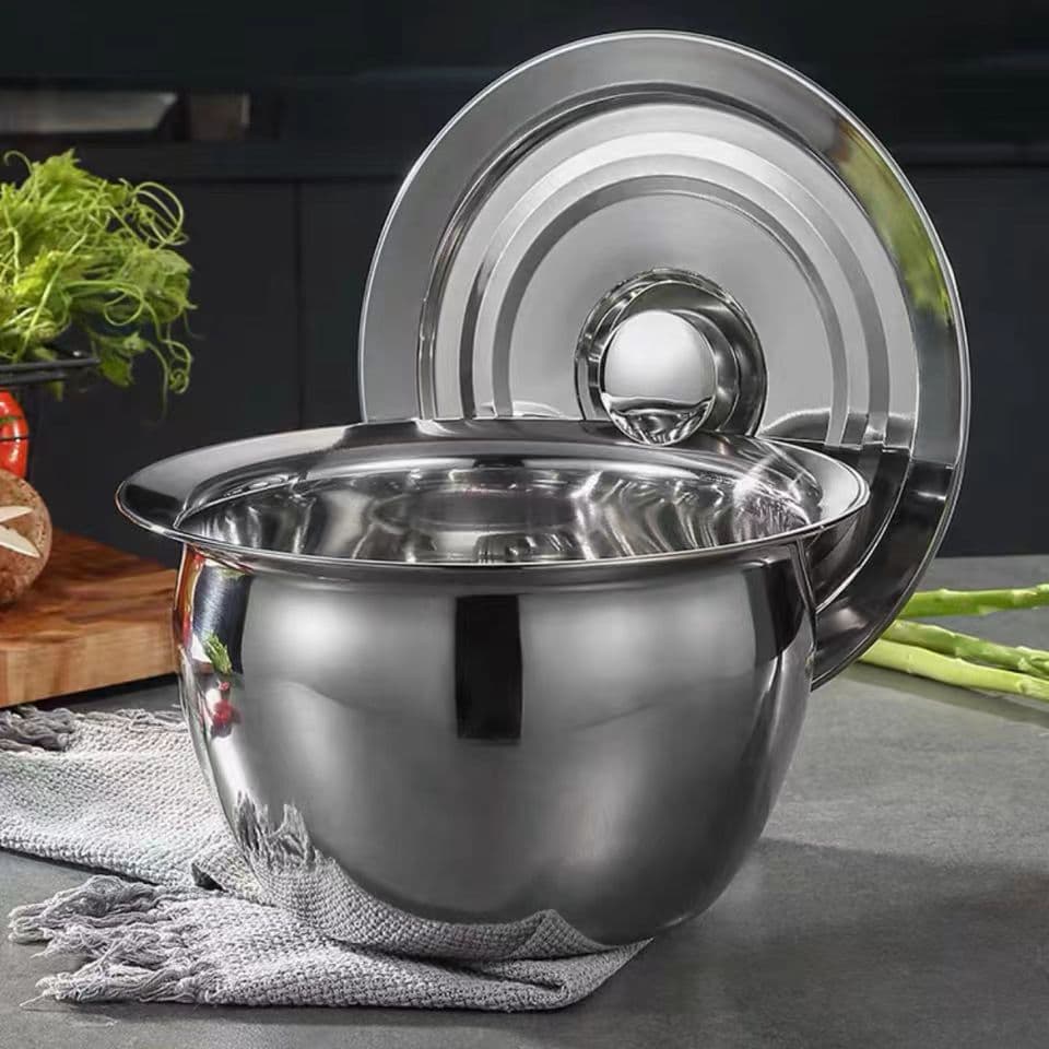 Wholesale 201 stainless steel oil basin, oil drum, oil tank, kitchen pot belly basin, multi-purpose egg beating basin with cover and deepening for home use