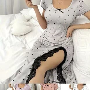 2025 New Home Heart Print Short Sleeve Nightgown, Round Neck Dress Casual Printed Women's Long Dress 1059