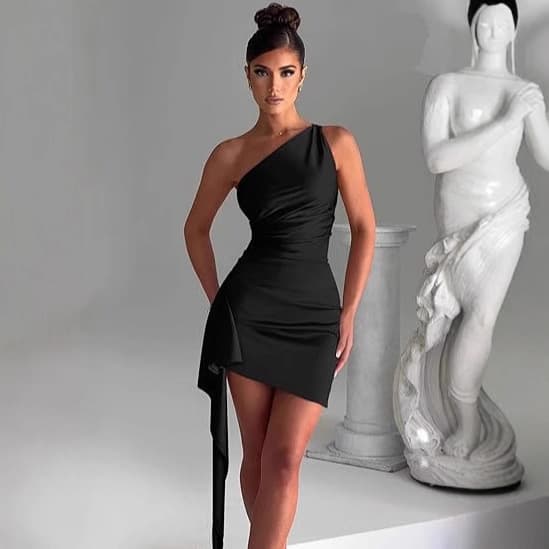 Cross-border Amazon One-Shoulder Shirred Slit Sexy Satin Dress Euro-American Summer Elegant Slim Fit