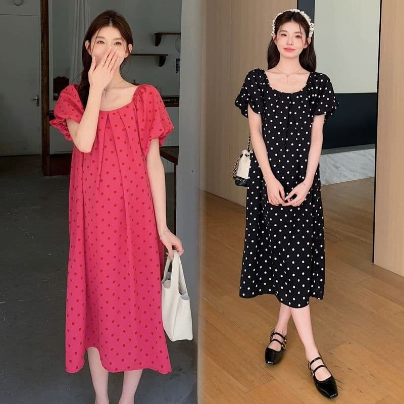 Summer polka-dot lace-up T-shirt dress for fat mm 240 pounds, large size, loose, flesh-covering, fashionable square collar, over-the-knee dress for pregnant women