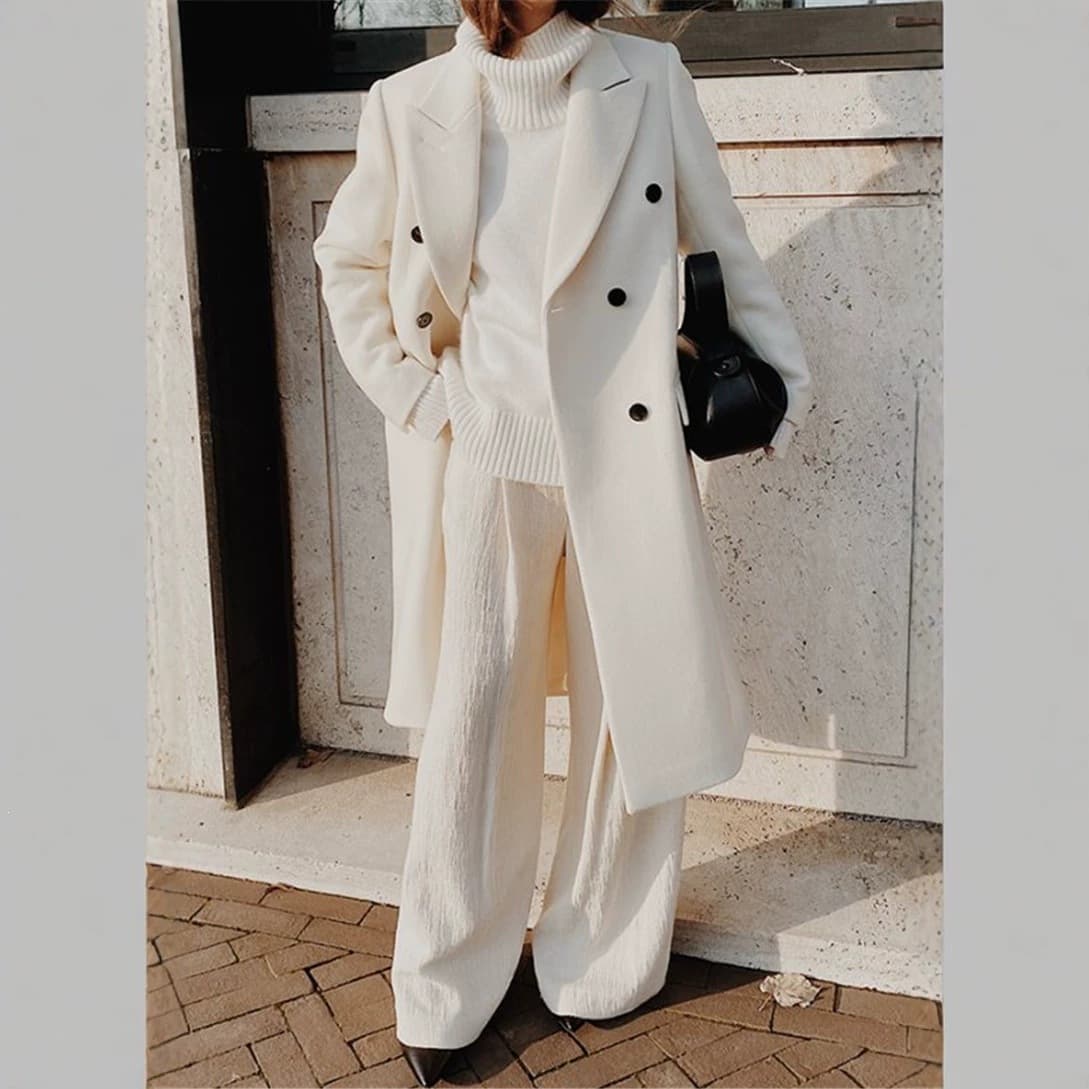 2026 autumn and winter new style loose women's long-sleeved high-end solid color double-breasted slim coat long coat white