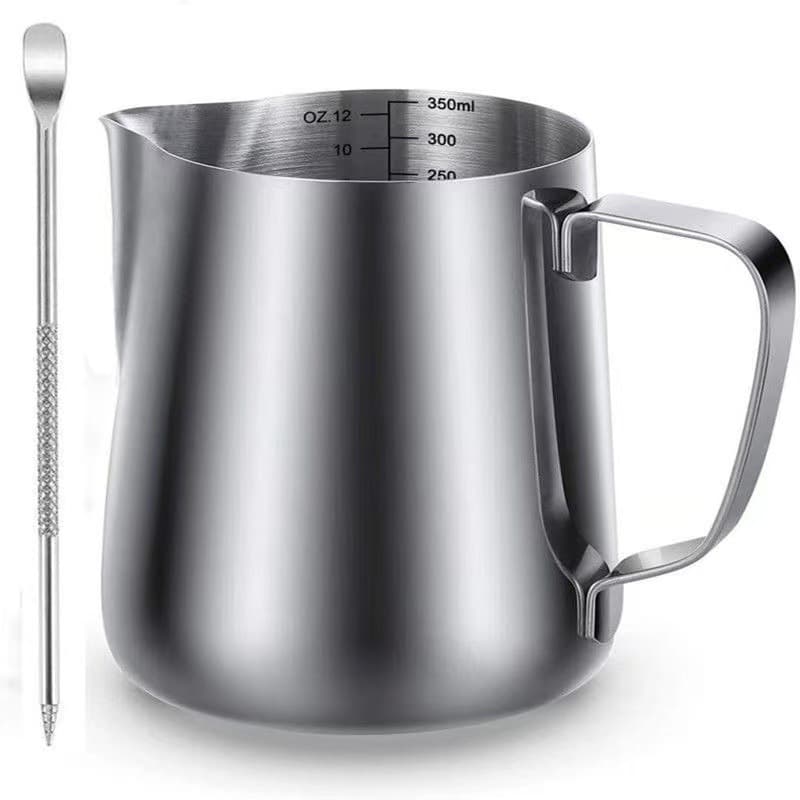 304 Stainless Steel Frothing Pitcher Set, Spouted Milk Steaming Jug with Frothing Cup and Patterned Milk Cup