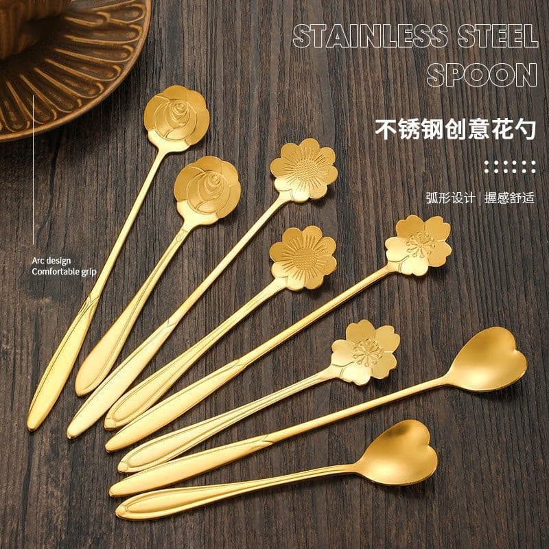 Bird's nest stainless steel long-handled cherry blossom spoon golden rose flower spoon take-out spoon disposable packaged dessert spoon